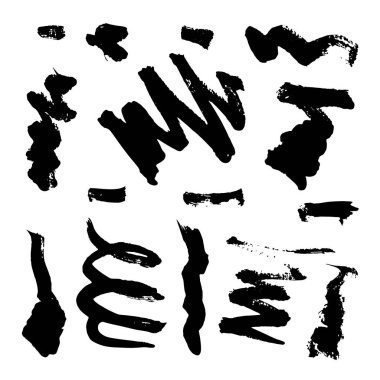 Elle çizilmiş elemanların vektör koleksiyonu: damlalar, çizgiler, sıçramalar, noktalar, fırça darbeleri. Beyaz arka planda izole edilmiş. Siyah beyaz