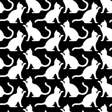 Şirin kedileri olan kusursuz bir desen. Yaratıcı çocuksu doku. Vektör siyah ve beyaz Görüntü.