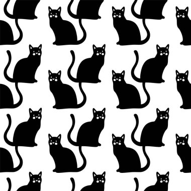 Şirin kedileri olan kusursuz bir desen. Yaratıcı çocuksu doku. Vektör siyah ve beyaz Görüntü.