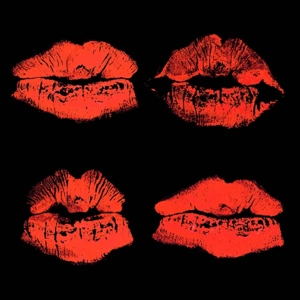 Ensemble Empreintes Baiser Lèvres Rouges Isolées Sur Fond Noir — Photo