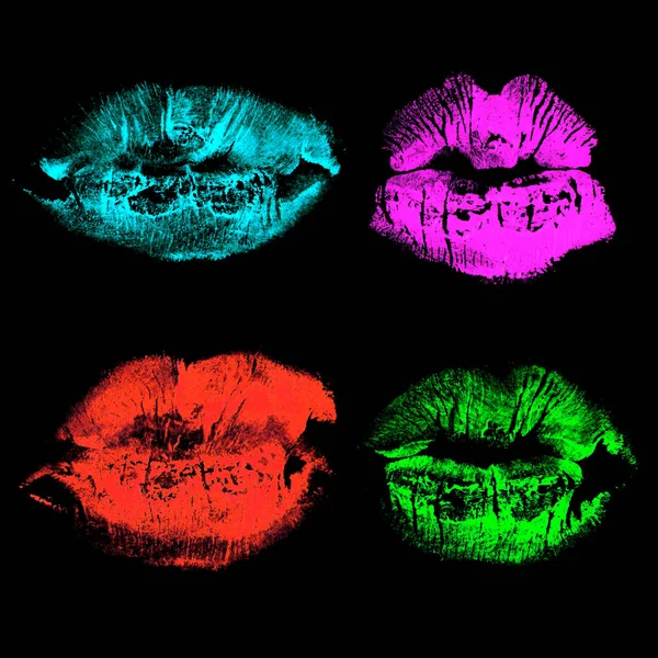 Set Imprint Kiss Neon Lips Isolated Black Background — Stock Photo, Image