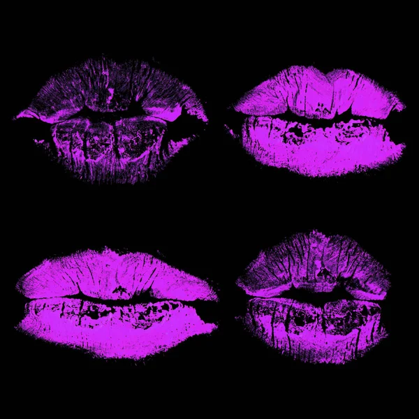 Set Imprint Kiss Purple Lips Isolated Black Background — Stock Photo, Image