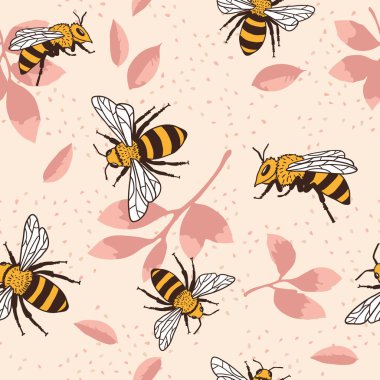 Arılar ve yapraklarla kusursuz bir şablon.