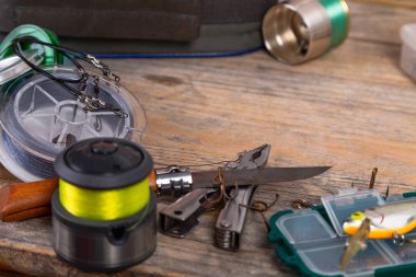 ahşap arka planda parlak farklı balıkçılık ele. 