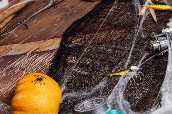 Pesca Tacles Sfondo Legno Halloween Designe Con Picche Web Mockap — Foto Stock