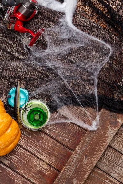 Vissen Tacles Houten Achtergrond Halloween Designe Met Spaders Web Mockap — Stockfoto