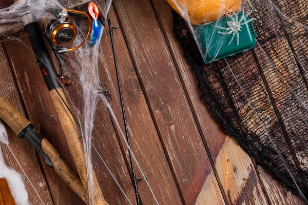 Pesca Tacles Sfondo Legno Halloween Designe Con Picche Web Mockap — Foto Stock