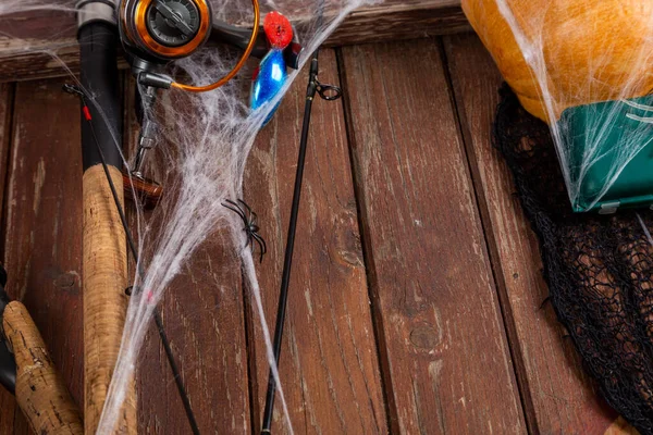 Vissen Tacles Houten Achtergrond Halloween Designe Met Spaders Web Mockap — Stockfoto