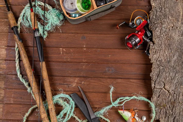 Tacones Pesca Sobre Fondo Madera Mockap Para Publicidad Publicación — Foto de Stock