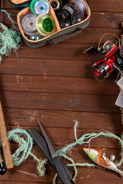 Fishing Tacles Wooden Background Mockap Advertisment Publishing — Stock Photo, Image