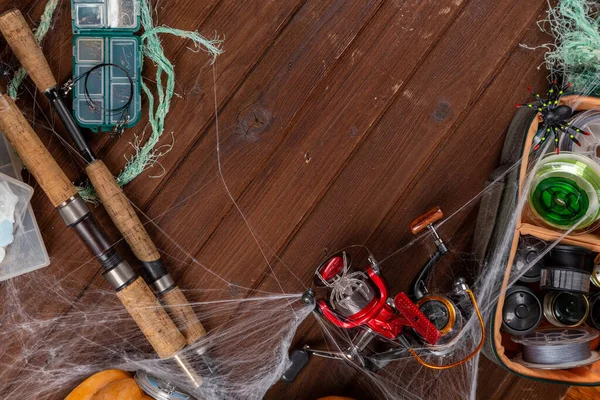 Táculos Pesca Fundo Madeira Halloween Designe Com Spaders Web Mockap — Fotografia de Stock