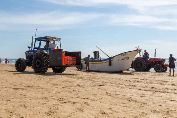 Costa da Caparica, Portekiz - 10 Eylül 2020: Bir grup balıkçı traktör kullanarak turist plajından balık avlıyor. Tatilciler izler ve yardım eder..