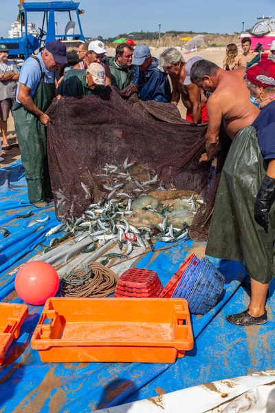 Costa Caparica Portugal Setembro 2020 Artel Pescadores Arrasta Peixes Praia — Fotografia de Stock