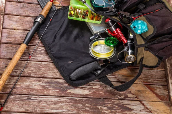 Verschillende Vistactieken Met Staaf Rollen Houten Bruine Achtergrond Mockap Voor — Stockfoto