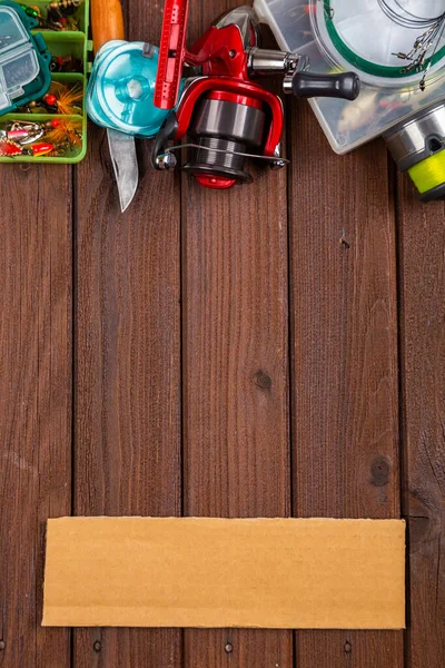 Verschillende Vistactieken Met Kunstaas Rollen Houten Bruine Achtergrond Met Plaats — Stockfoto