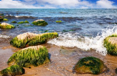 dalgalar deniz büyük bir taş üzerinde bulutlu yaz gününde yıkmak