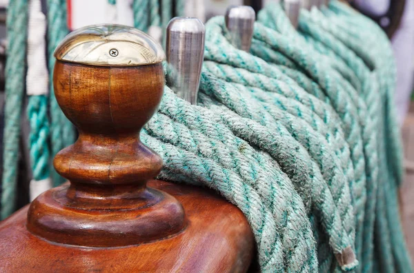 ship rigging rope laid on special mounts outdoor closeup