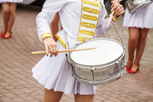Group Girls Drummers Parade City Street Body Parts Closeup — Stock Photo, Image