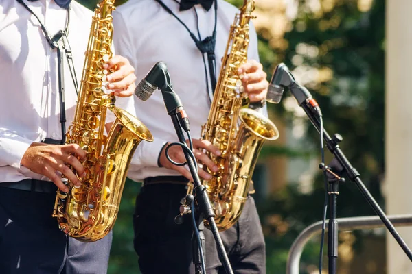 Deux Saxophonistes Jouant Lors Festival Jazz Dans Parc Ville Jour — Photo