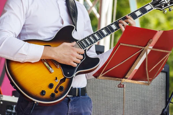 Chitarrista Che Suona Festival Jazz Del Parco Cittadino Nella Soleggiata — Foto Stock