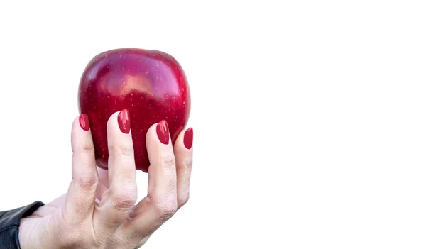 빨간 사과 클로즈업을 들고 있는 여성의 손 — 스톡 사진