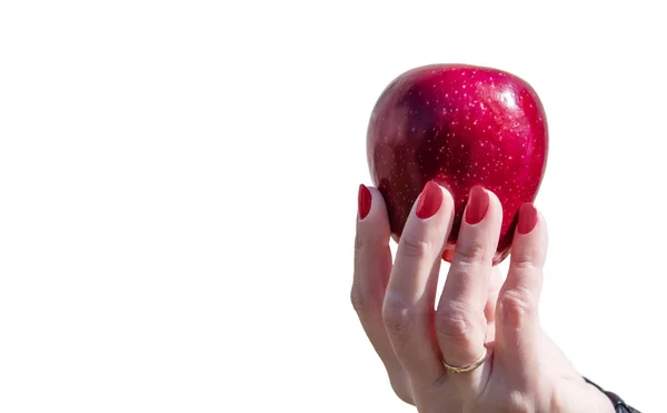 Main femelle tenant une pomme rouge gros plan — Photo