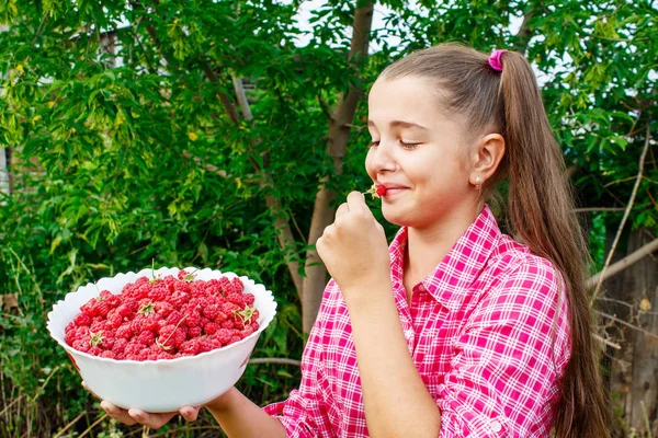 Teen girl holding a bowl of raspberries in the garden — Stock Photo, Image