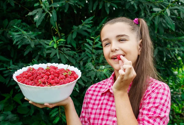 Adolescente chica sosteniendo un tazón de frambuesas en el jardín —  Fotos de Stock