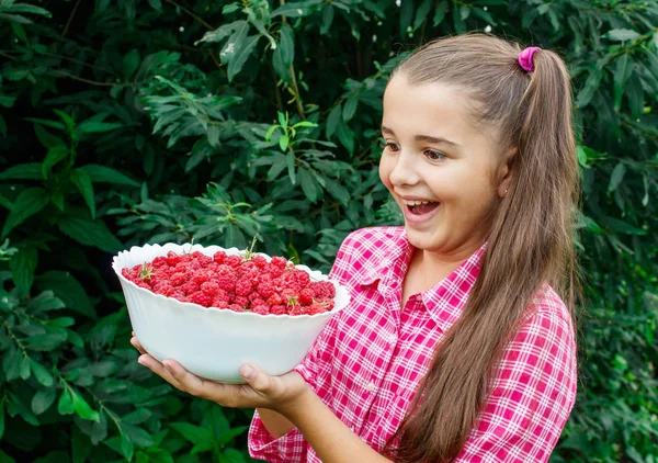 Teenager pige holder en skål hindbær i haven - Stock-foto