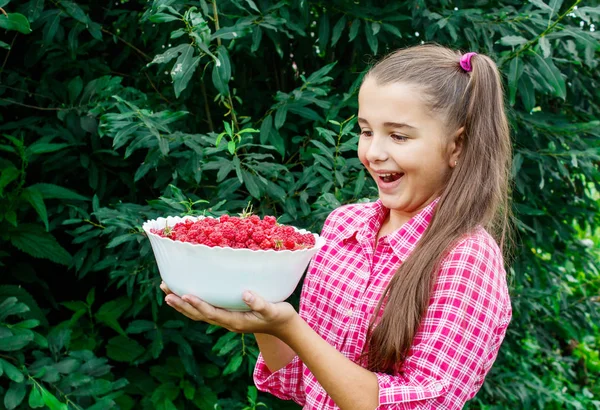 Teen girl holding a bowl of raspberries in the garden — Stock Photo, Image