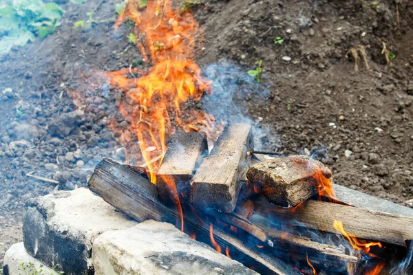 Zersägte Holzstäbe Brennen Einem Feuer Freien Nahaufnahme — Stockfoto