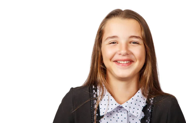 Porträt Einer Schönen Brünetten Lächelnden Teenager Mädchen Auf Weißem Hintergrund — Stockfoto