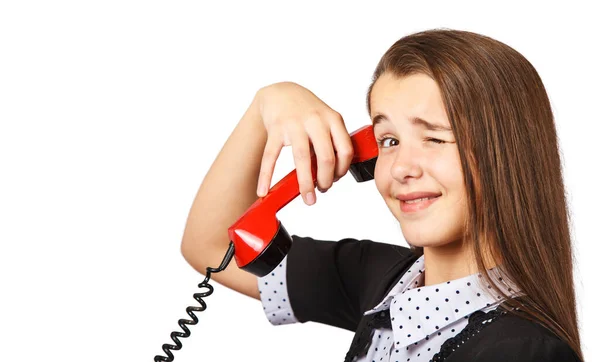 Bela Morena Adolescente Menina Falando Por Telefone Fundo Branco — Fotografia de Stock