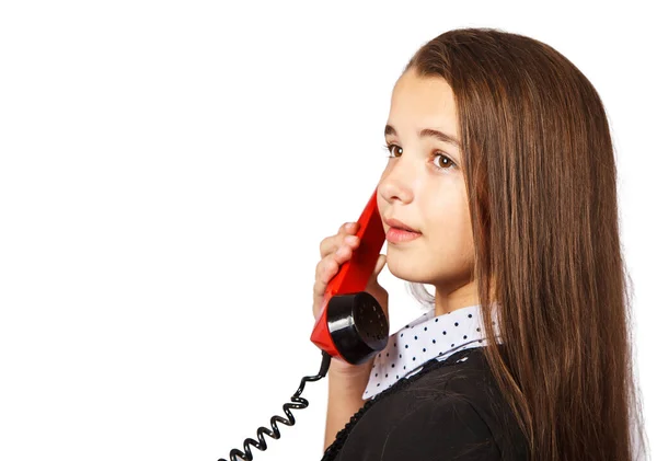 Девушка Подросток Брюнетка Разговаривает Красном Ретро Телефоне Крупным Планом Белом — стоковое фото