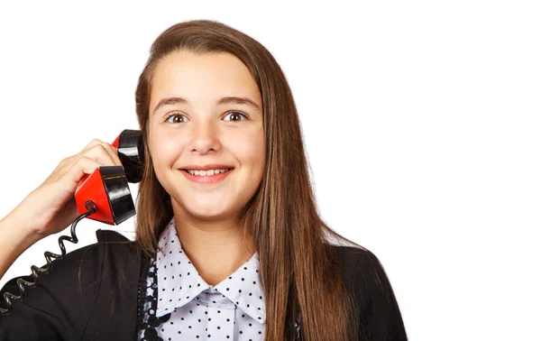 Подросток Удивил Брюнетка Девушка Говорит Красный Ретро Телефон Крупным Планом — стоковое фото