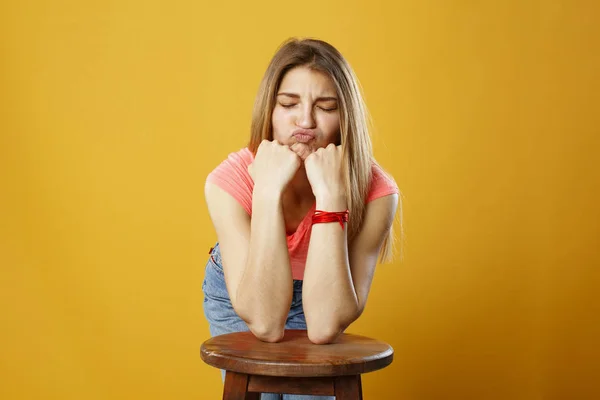 Beauty portrait of young adorable fresh looking sad blonde woman — Stock Photo, Image