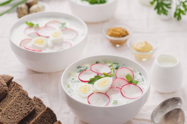 Geleneksel yaz soğuk çorbası beyaz kâselerde. Kolay sebze yemekleri..