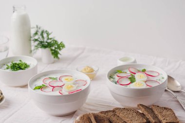 Geleneksel yaz soğuk çorbası masada beyaz kâselerde..