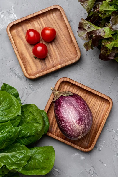 Comida Saludable Tomates Berenjenas Espinacas Para Cocinar Plato Verduras — Foto de Stock