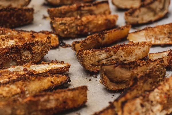 Delicious eggplant baked in bread crumbs. Close-up.