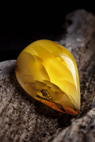 Ambra naturale. Un pezzo di giallo ambra naturale opaca su un grande pezzo di legno scuro lapidato . — Foto Stock