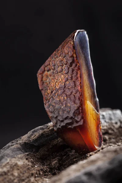 Natural amber. A piece of dark red semi transparent natural amber on piece of stoned wood. — Stock Photo, Image