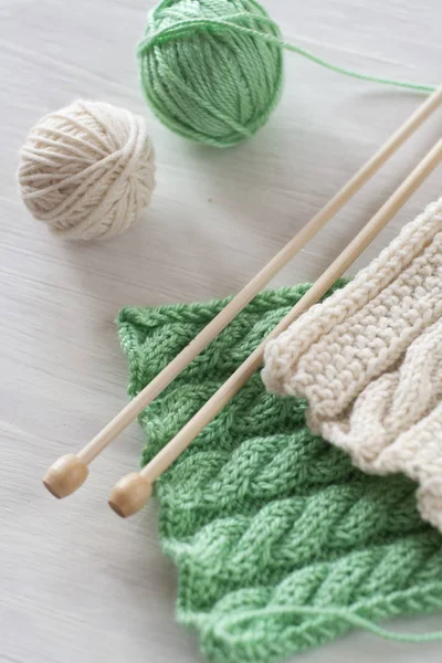 Two Bright Patterns Wooden Knitting Needles White Background — Stock Photo, Image