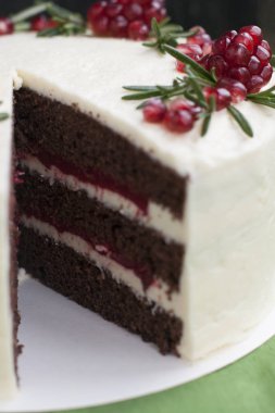Çikolatalı kek krem, berry ile beyaz krem peynir, nar çilek ve biberiye şube. Fikir veya bir düğün pastası Doğum günü pastası için