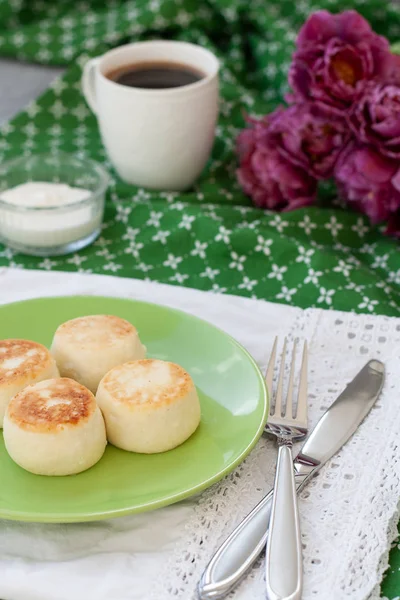 Deliziose Torte Formaggio Dietetico Fatte Casa Farmer Cheese Colazione Caffè — Foto Stock