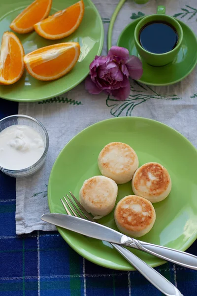 Deliciosos Pasteles Dietéticos Queso Casero Farmer Cheese Para Desayuno Café —  Fotos de Stock