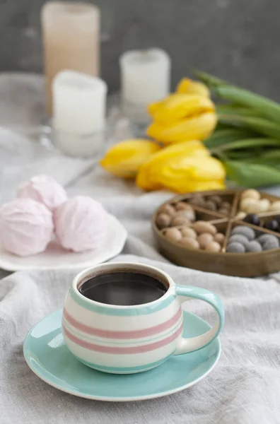 Chutné občerstvení: šálek kávy, talíř zefyru — Stock fotografie