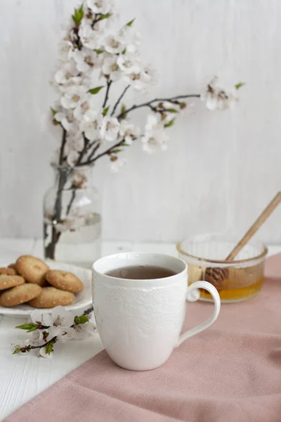 Een lekkere pauze: een kopje thee en een bord koekjes. Stockfoto