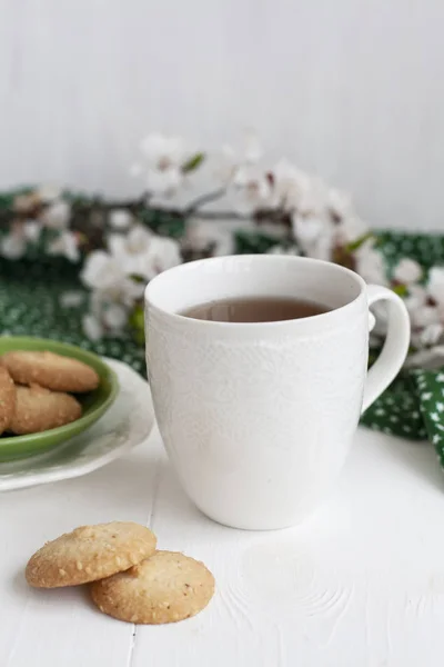 Een lekkere pauze: een kopje thee met een bordje koekjes. — Stockfoto