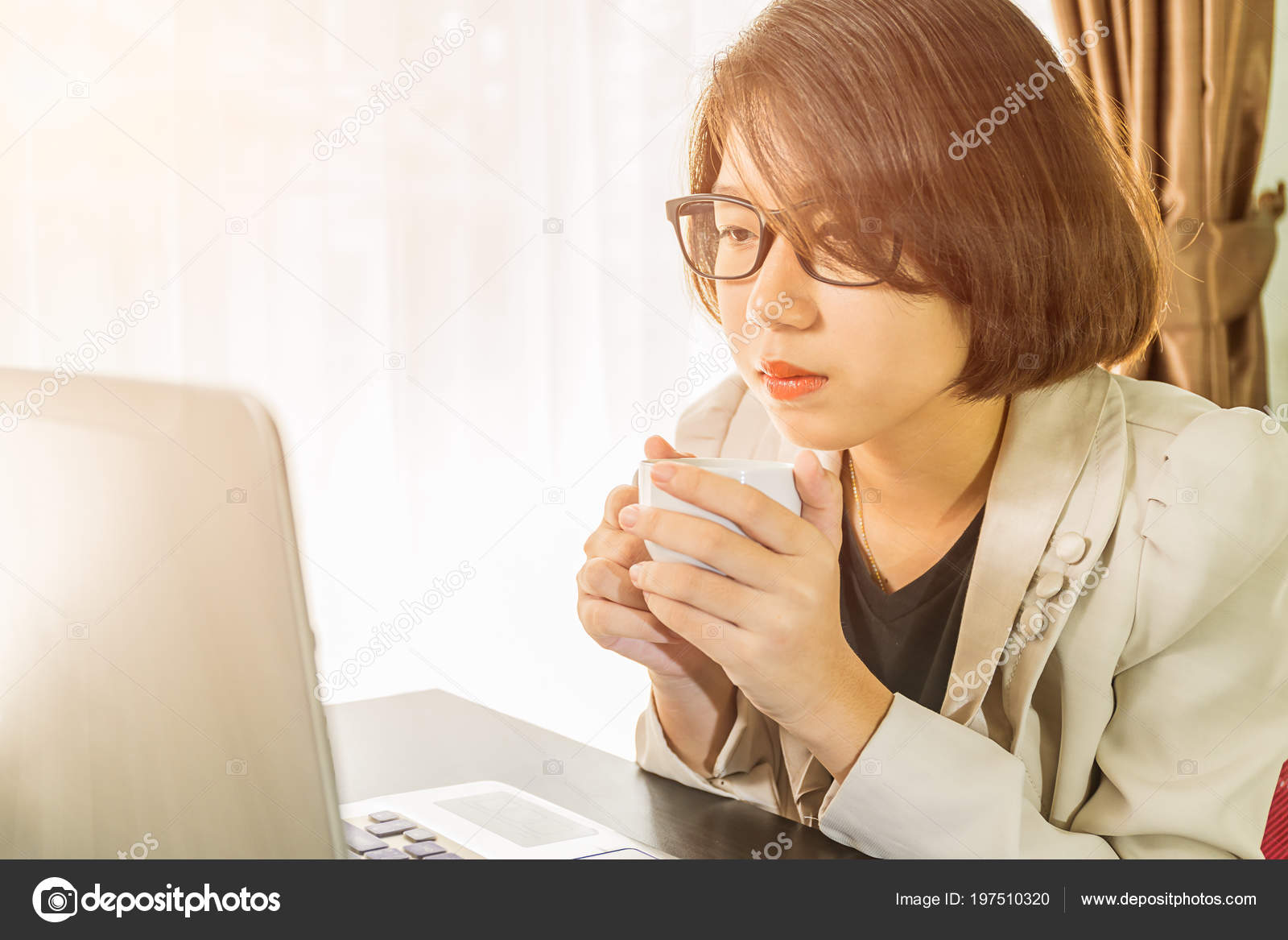 Woman Teenage Short Hair Smart Casual Wear Working Laptop While